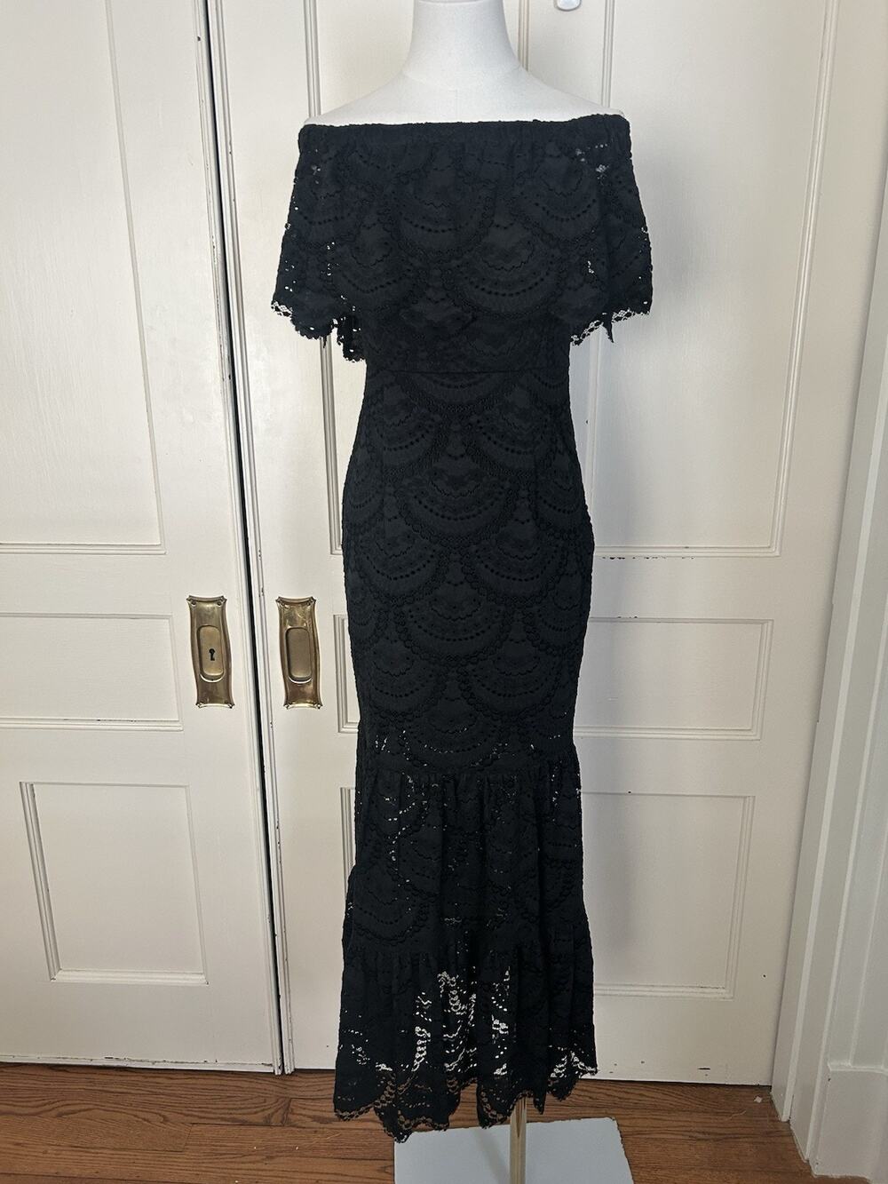 Gianni Bini Lace Off the Shoulder Maxi Dress Womens Size Small Black Beach Boho